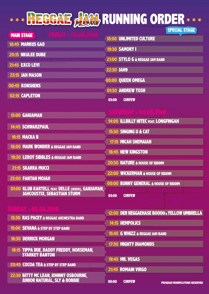 Reggae Jam 2018 - Running Order Reggae Jam 2018 - Running Order