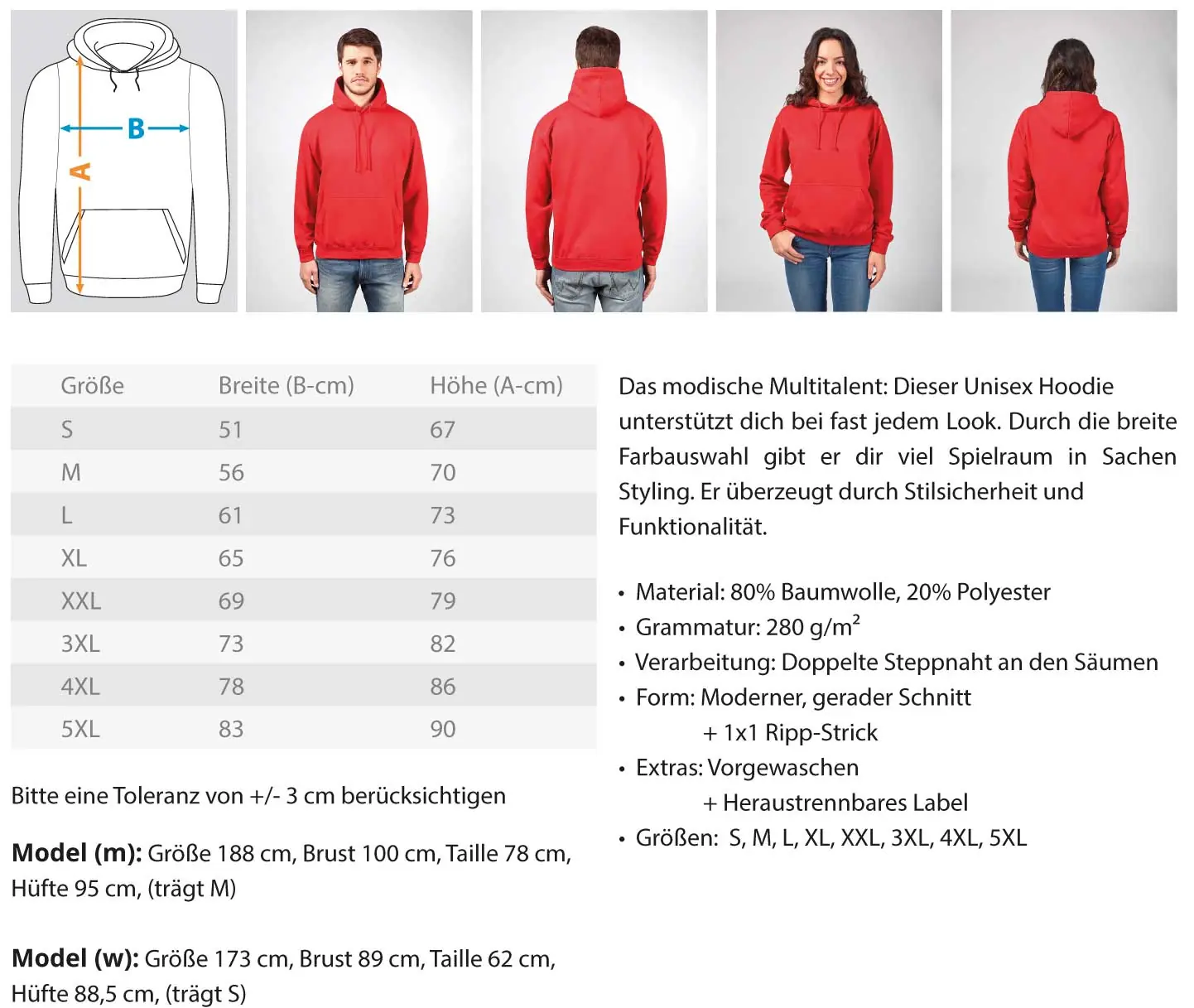Haile Selassie Hoodie Hoodie Kapuzenpullover Größentabelle