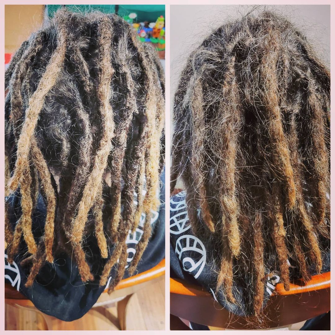 Another before and after maintenance of some sweet dreads 

#loctician #dreadloc…