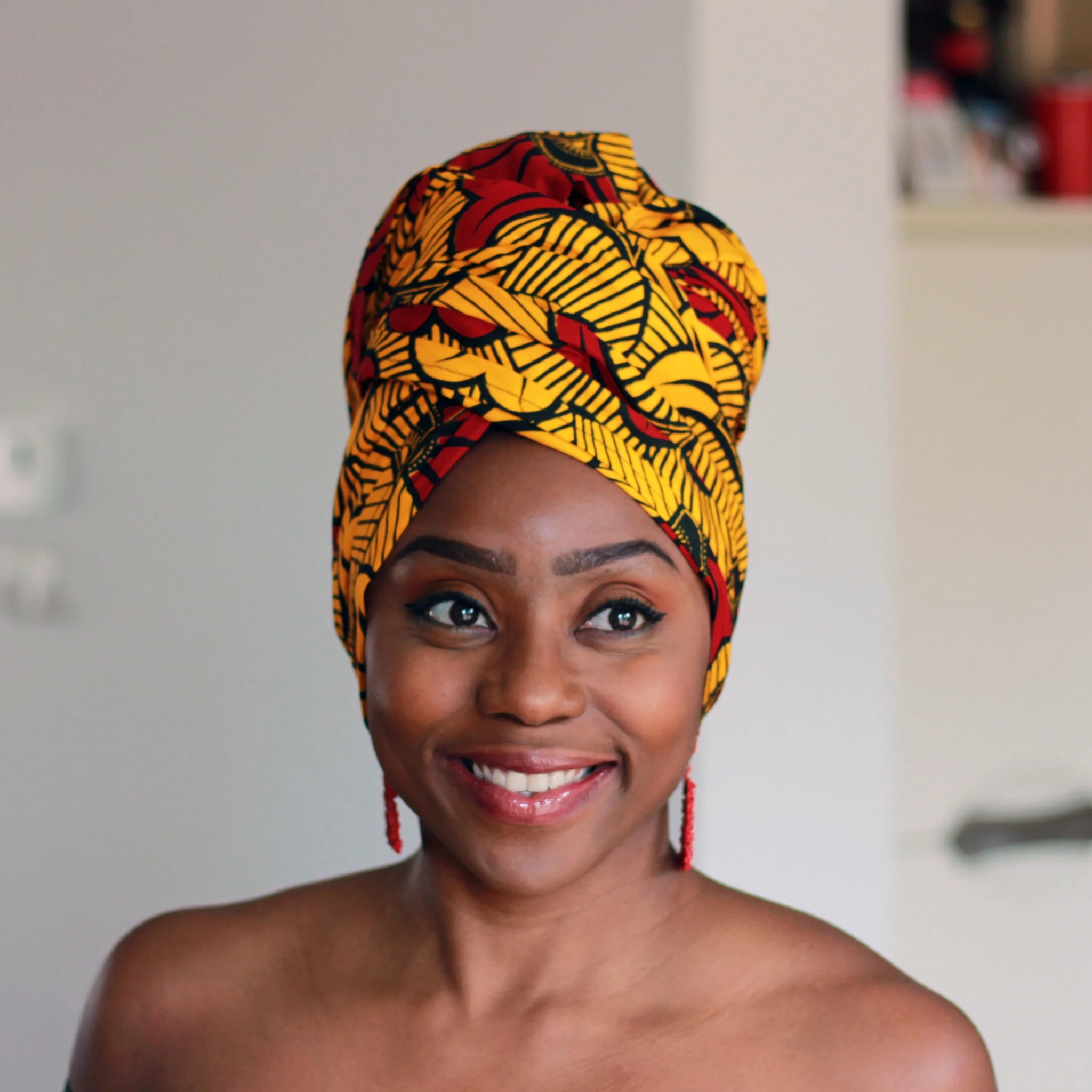 แอฟริกันทอง / ดอกไม้สีเหลือง Vlisco Headscarf / Headwrap - ผ้าพันคอพิมพ์ขี้ผึ้ง / Headscarf / Bandana - ผ้าคาดศีรษะผ้าฝ้าย / อังการา
